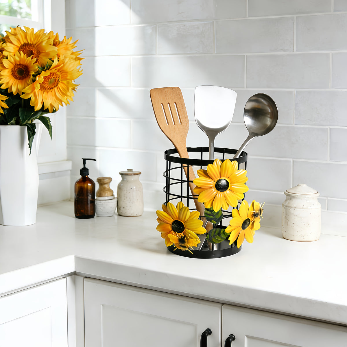 Sunflower Flatware Storage Basket - Open Kitchen Countertop Organizer, Home Storage & Decor, Housewarming Gift Must-Have, Stylish & Functional Present