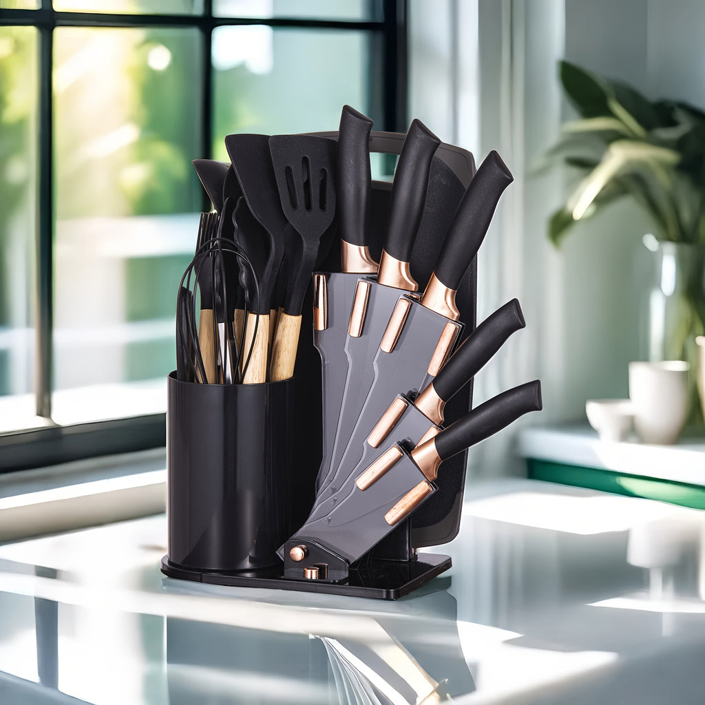 19pcs Kitchen Knife And Utensil Set, Non-Stick Black Knife Set with Wooden Handles, Silicone Cooking Tools, Cutting Board, Scissors And Holder, Best Gift for Parents