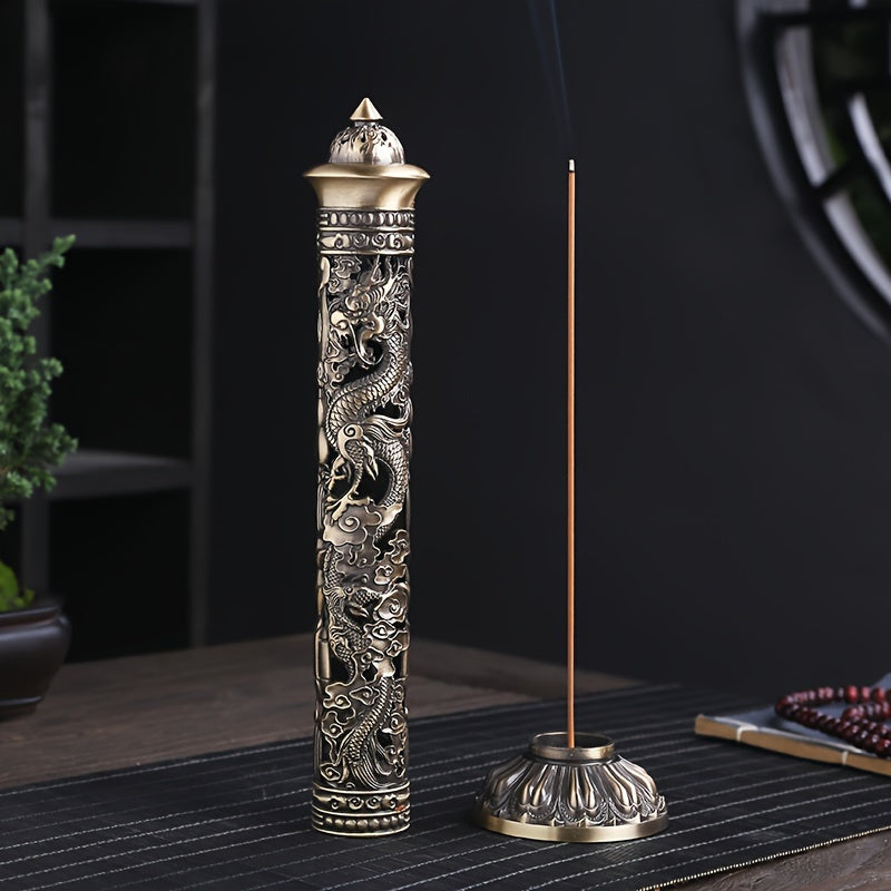 Metal Incense Stick Holder Featuring a Retro Vertical Design, Heart Sutra, Dragon, And Phoenix Motifs, Perfect for Home Or Office Ceremonial Decoration