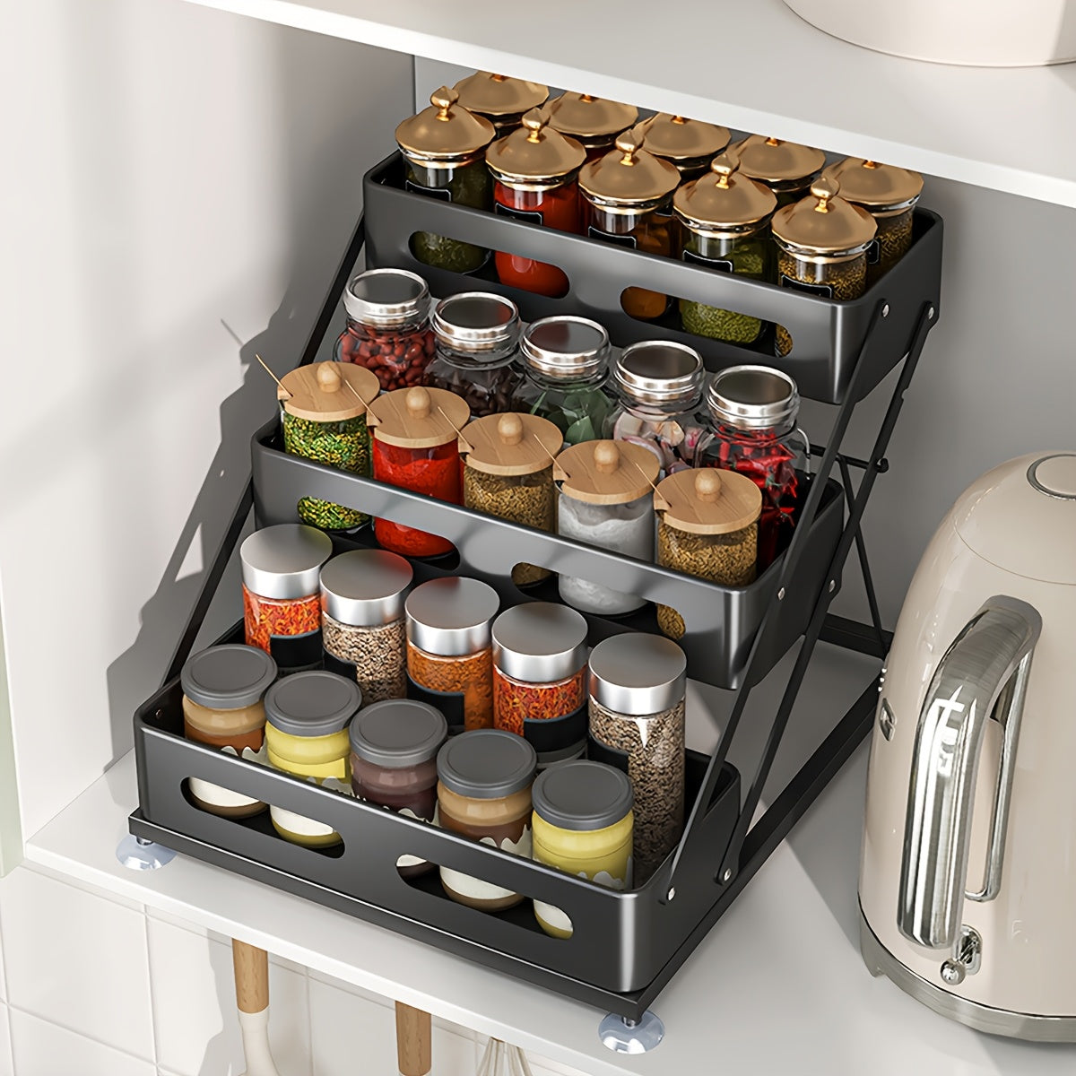 3-Tier Foldable Cast Iron Spice Rack Organizer with Safety Rails - Space-Saving Countertop & Cabinet Storage for Kitchen, Pantry - Durable Painted Finish, Holiday-Themed Design, Kitchen Spice Organizer, Space Saver, Sleek Metal Style, Sturdy Construction