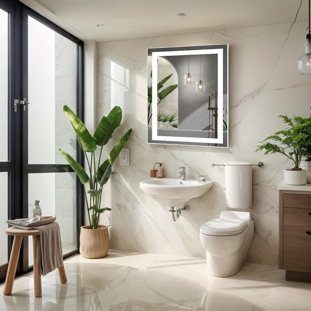 1pc Anti Fog LED Bathroom Mirror with Dual Light Source 3 Lighting Modes Dimmable 3 Color Vanity Mirror Wall Mounted Horizontal Vertical