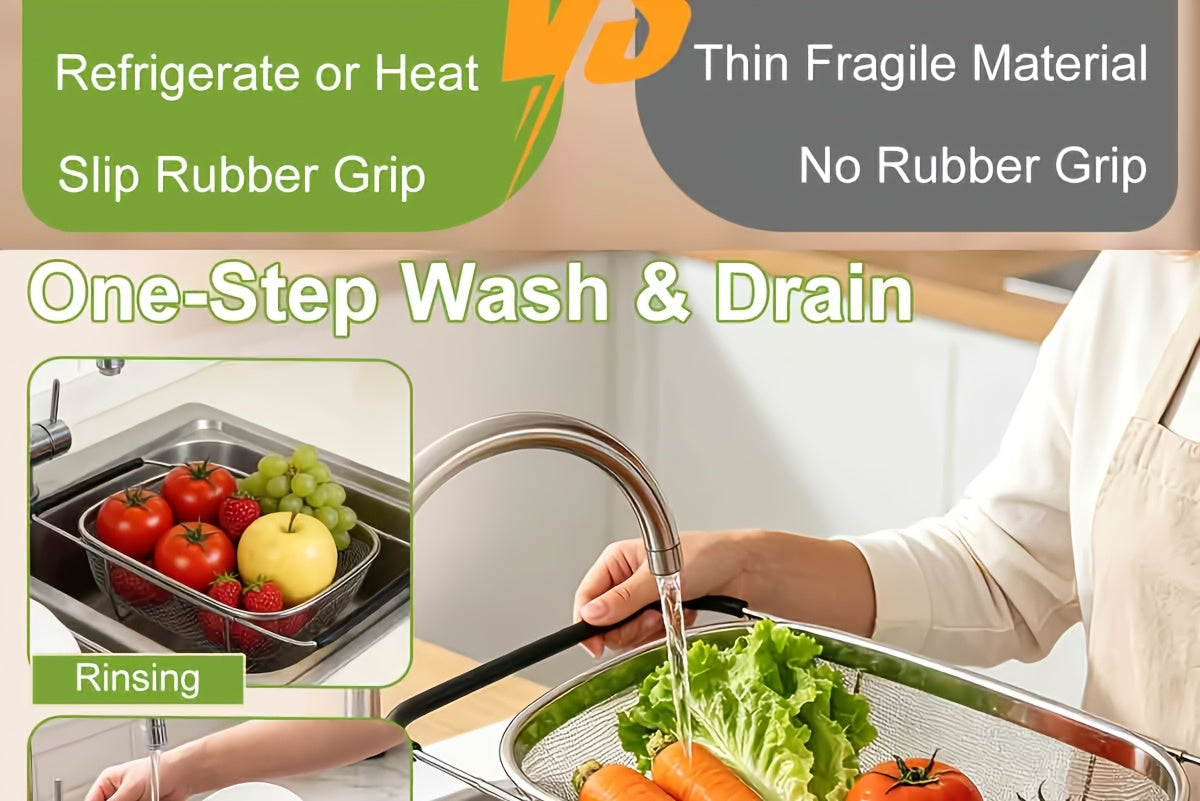 Expandable Stainless Steel Filter Over the Sink Colander - Strainers and Colanders - Sink Strainer Basket - Expandable Fine Mesh Strainer with Rubber Grip for Veggie, Fruits, Pasta, Home Kitchen Essentials