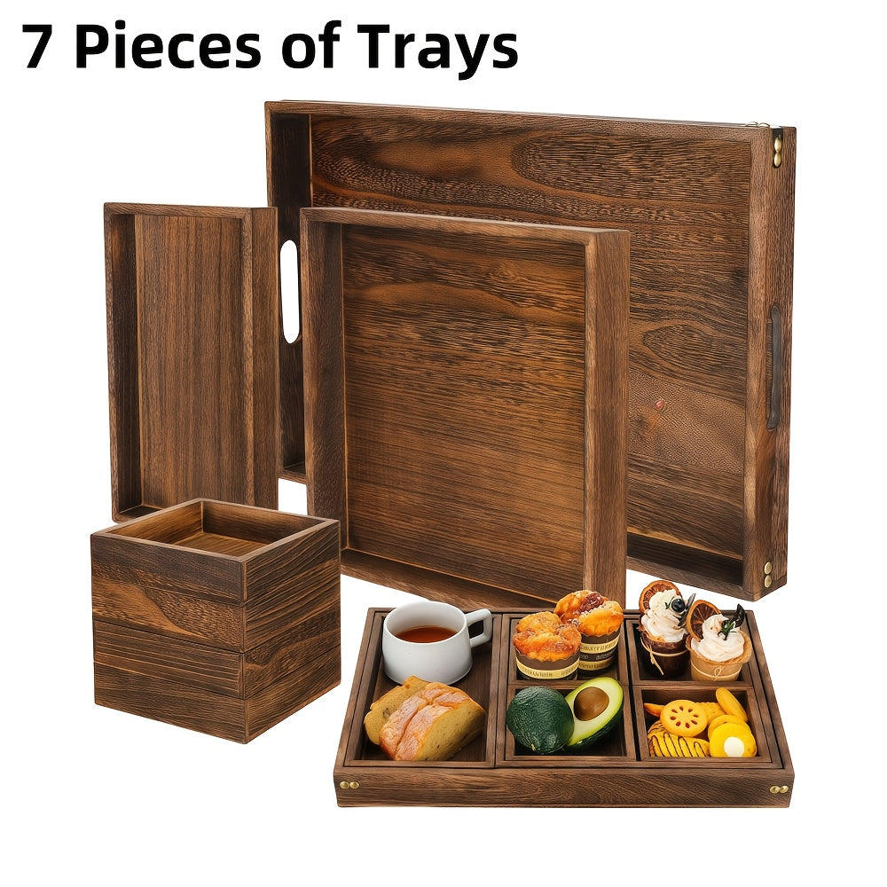 Rustic Serving Tray Set of 7, Rectangular Trays with Handled Large Tray for Tea, Coffee, Snack Displays and Vintage Kitchen or Living Room Styling
