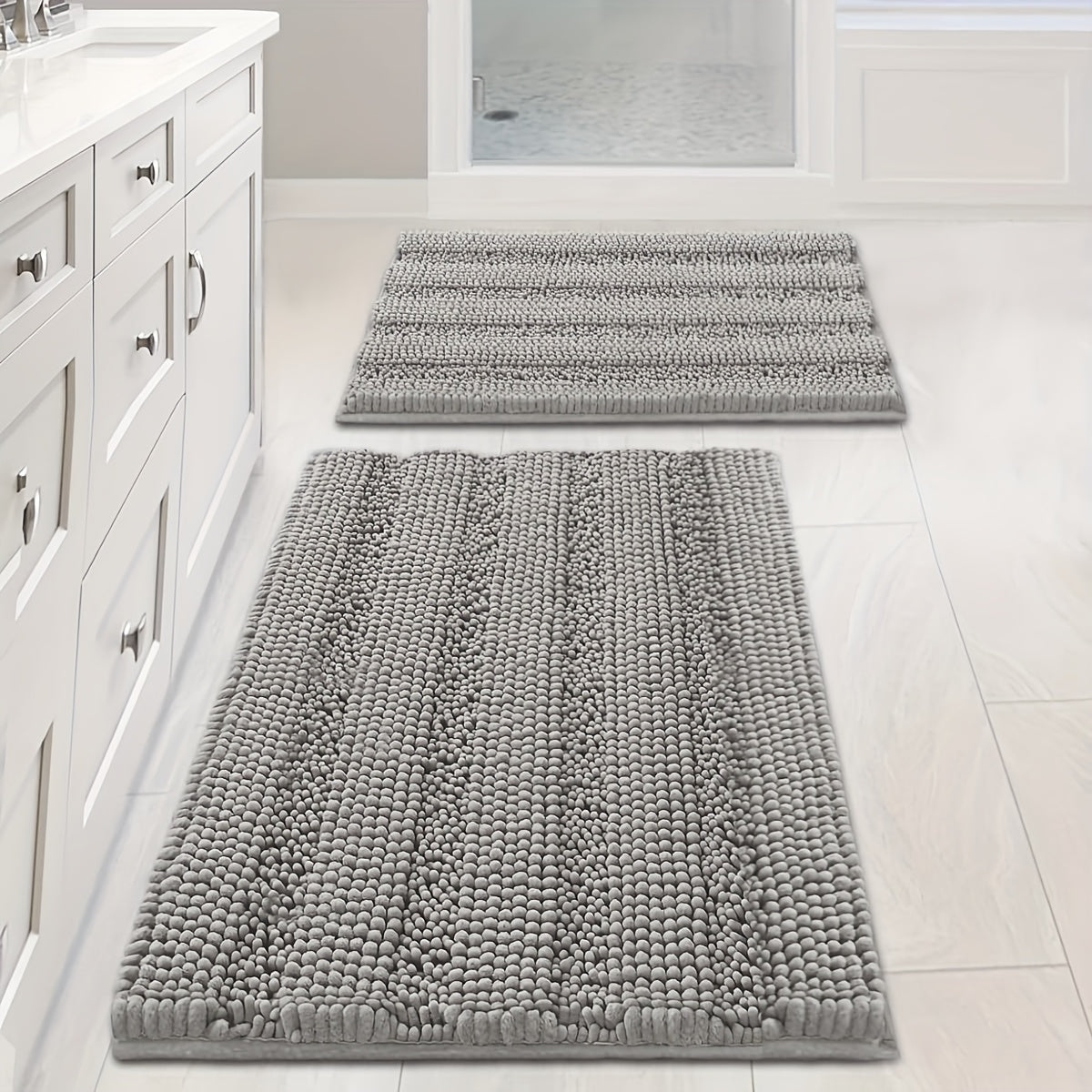 AIERJIA Bathroom Rugs, Set of 2 Thick Chenille Striped Shaggy Bath Mats for The Bathroom, Non-Slip Mats for Bathroom Flooring (32 X 20 And 24 X 17 Inches)