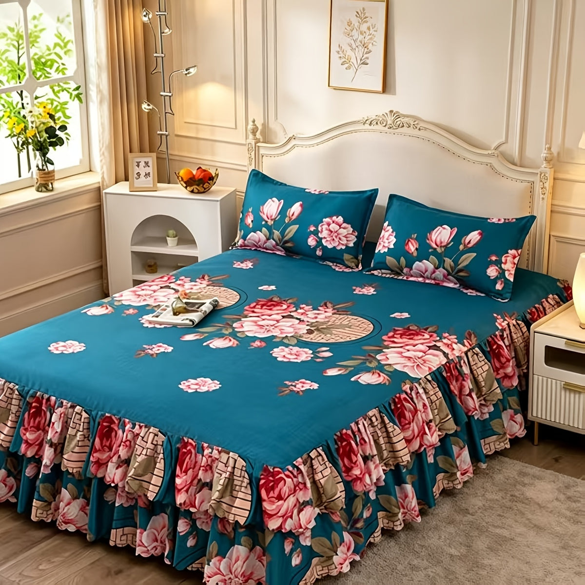 3pcs Tropical Floral Bed Skirt Set - Includes 1Non-slip Lace Bed Skirt And 2 Decorative Pillowcases All-season Polyester Bedding with Ruffles Machine Washable. Elegant Purple Color, Suitable for Bedrooms And Guest Rooms Bedding Set Without Inserts