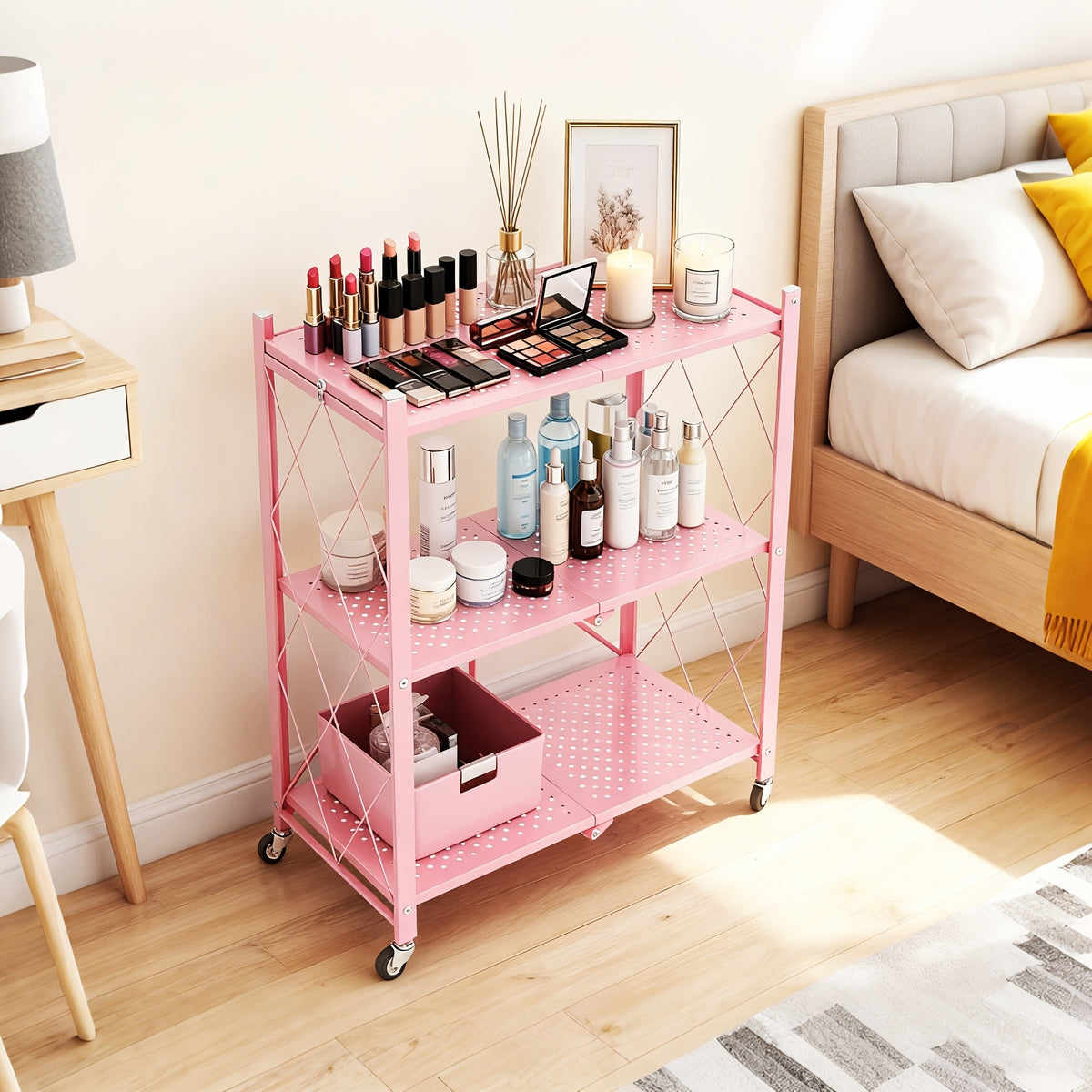 3/4/5-Tier Portable Multifunctional Storage Rack, Floor-Standing Storage Rack with Lockable Wheels, Space-Saving, No Assembly, Foldable Storage Shelf with Durable Carbon Steel Frame for Bedroom, Balcony, Garden, Standing Shelf