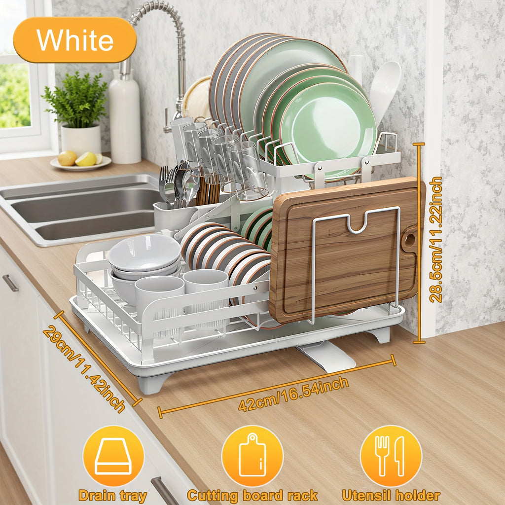 [Large Dish Drying Rack] 1pc Large 2-Tier Carbon Steel Dish Drying Rack with Drainboard, Glass & Utensil Holders, And Extra Drying Mat - Rust-Resistant Metal Dish Drainer for Kitchen Countertop, Black