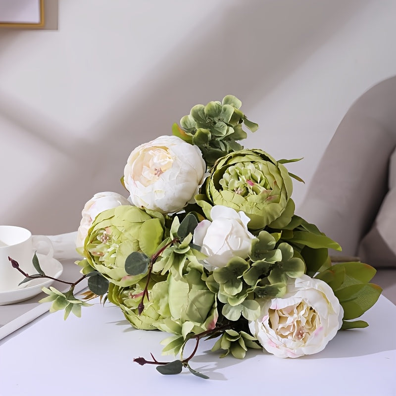 Rustic Faux Peony Bouquet, One Bunch of Beige and Green Artificial Peonies and Hydrangeas with Brown Stem Accents for Wedding Centerpieces and Home Decor