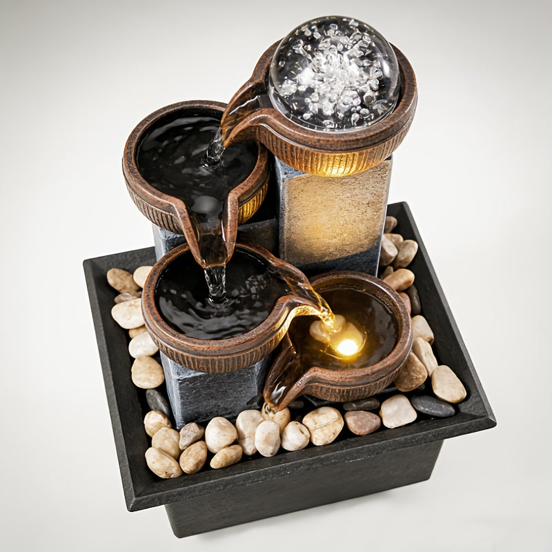 New Desktop Fountain, 4-Level Desktop Waterfall, Meditation Fountain, Indoor Fountain, Office And Home Relaxation, Desktop Fountain Pool, LED Lights, Fixed Decorative Bubble Balls (With Natural River Stone Decoration Included)