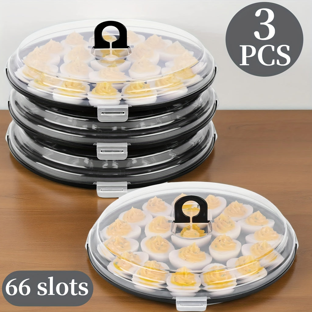 3pcs Deviled Egg Carriers For Kitchen, Black Plastic Round Egg Platters With Lid, 11.8Inch Portable Egg Tray With 66 Slots, For Large Capacity Kitchen Supplies For Valentine'S Day, Birthday Party, Family Gatherings, Wedding, Kitchen, Easter, Camping