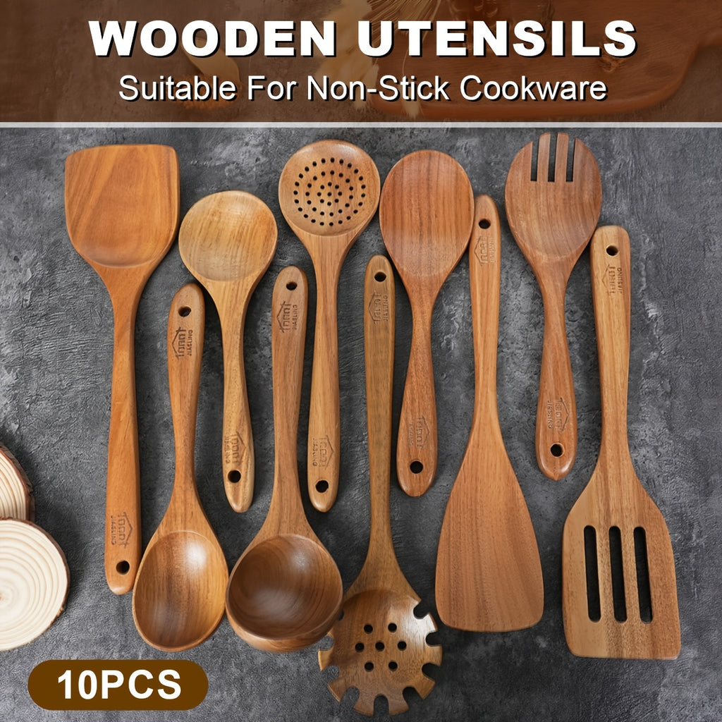 10pcs Wooden Spoons for Cooking, Natural Teak Wooden Kitchen Utensils Set Non-Stick Kitchen Pan Toolset Wooden Utensils for Cooking Wooden Cooking Utensils Wooden Spatulas for Cooking