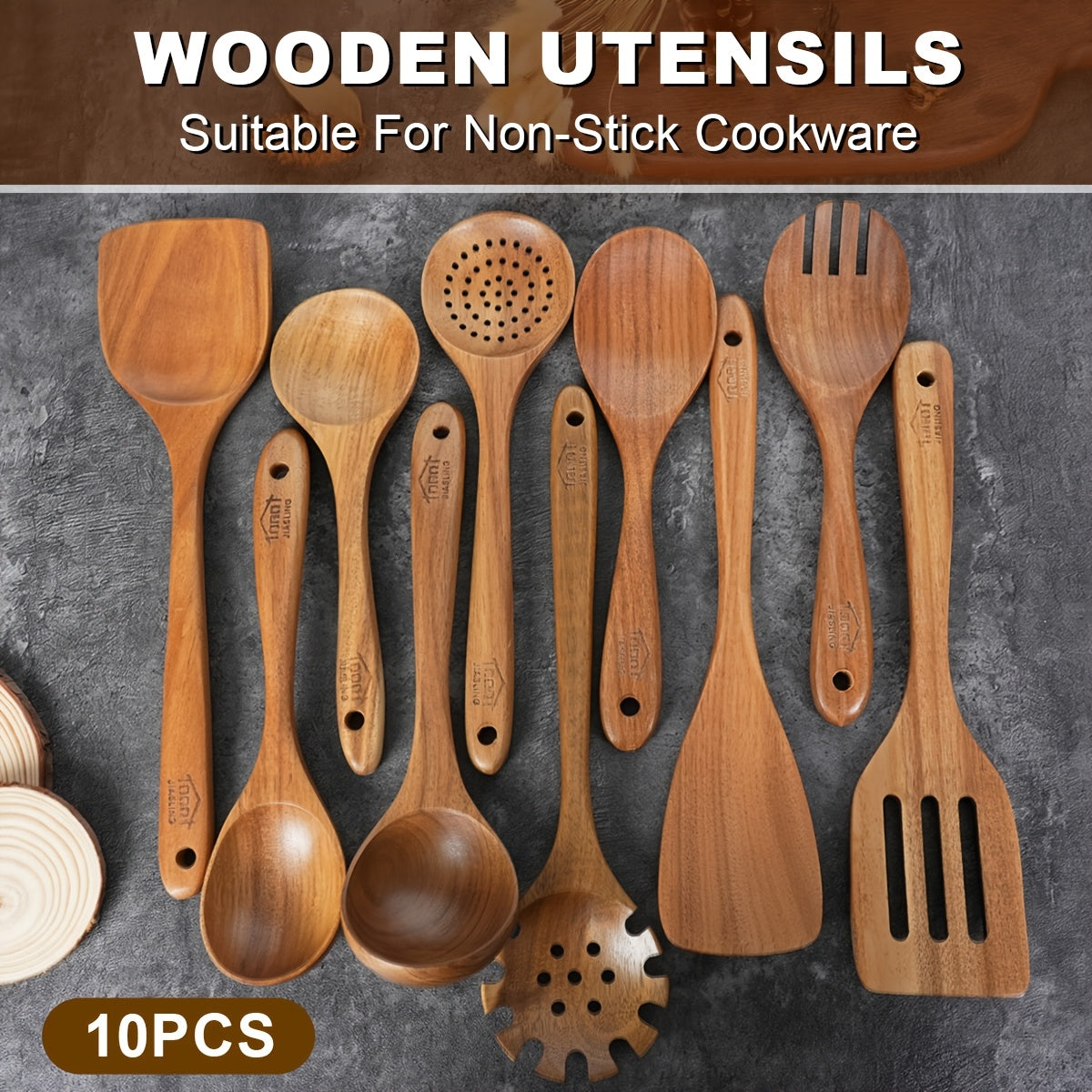 10pcs Wooden Spoons for Cooking, Natural Teak Wooden Kitchen Utensils Set Non-Stick Kitchen Pan Toolset Wooden Utensils for Cooking Wooden Cooking Utensils Wooden Spatulas for Cooking