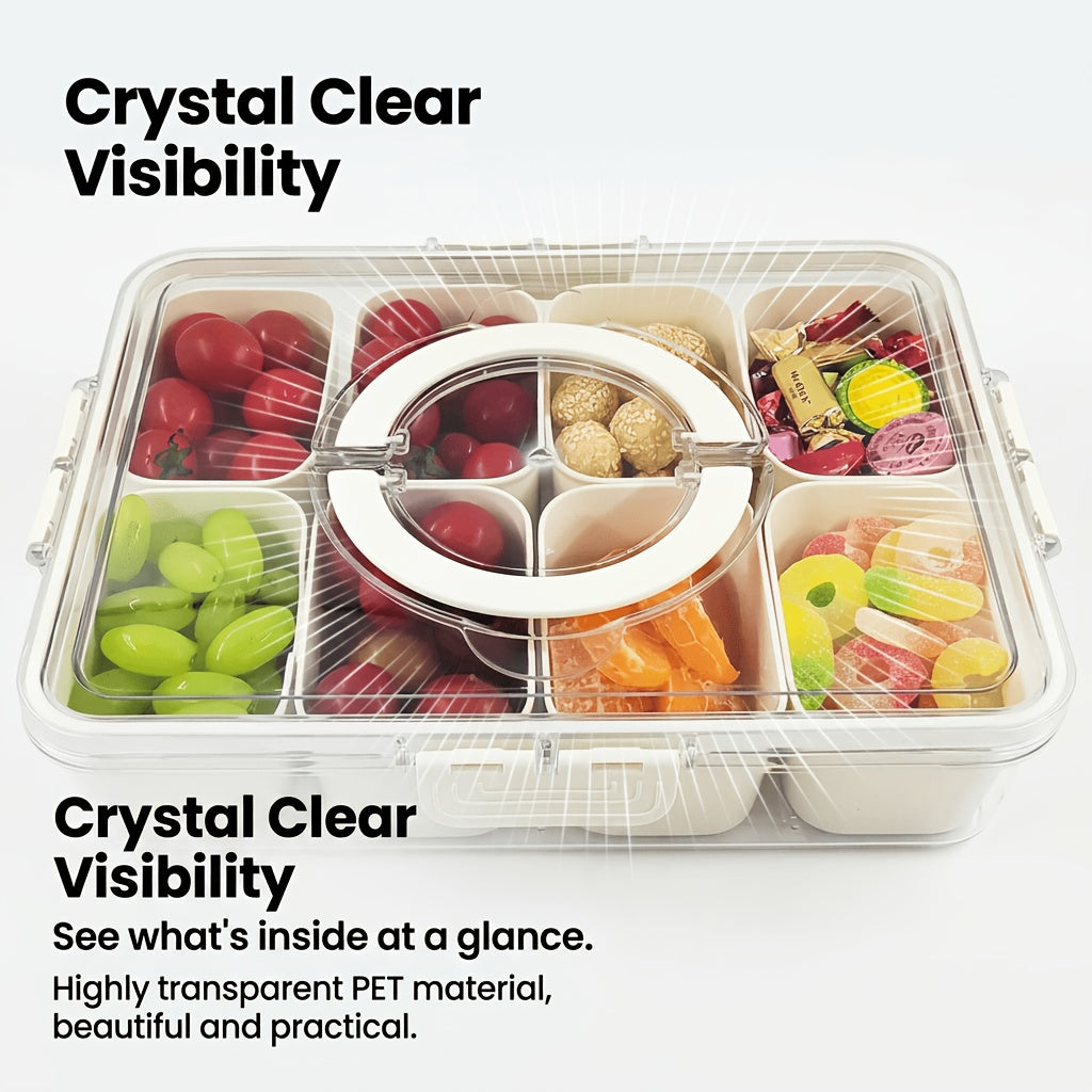 8-Compartment Divided Snack Box with Lid & Handle - Airtight BPA-Free Leakproof Plastic Storage Container Suitable for Parties, Picnics, Lunchboxes, Pantry Organizer, Square Lunch Tray with Snap- Lid for Home,, Office Use