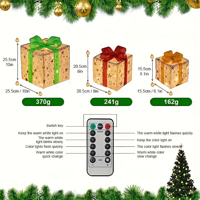 3-Pack 75-LED Christmas Gift Box Light Set - Warm Light Holiday Decoration, Indoor And Outdoor Use, IP66, with Remote Control And Timer, 8 Modes Flashing Gift Boxes, Home Ornament; Christmas Decoration, Outdoor Christmas Lights