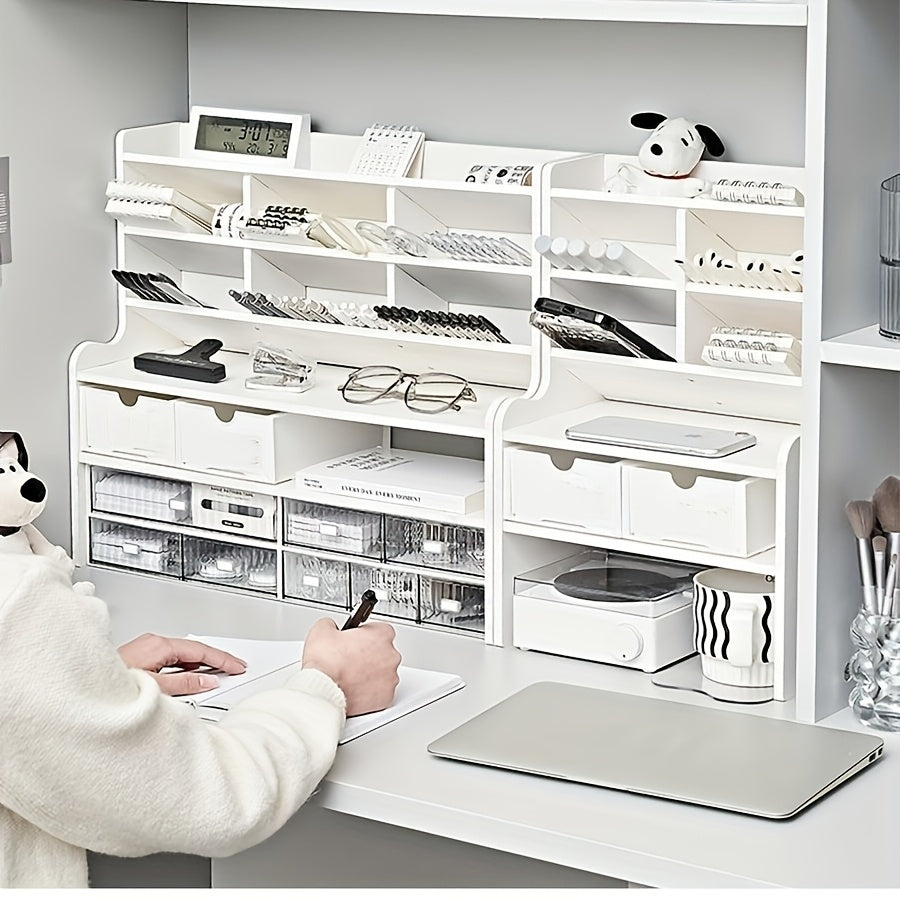 1pc Modern 2-Tier Desk Organizer with Drawer Storage & Tilt Pen Holder - Raised Bookshelf Suitable for Stationery, Cosmetics, Office Supplies, Space-Saving Partition Shelf, Lightweight PVC Storage Box for Office, Dormitory, Partition Box, Desk &