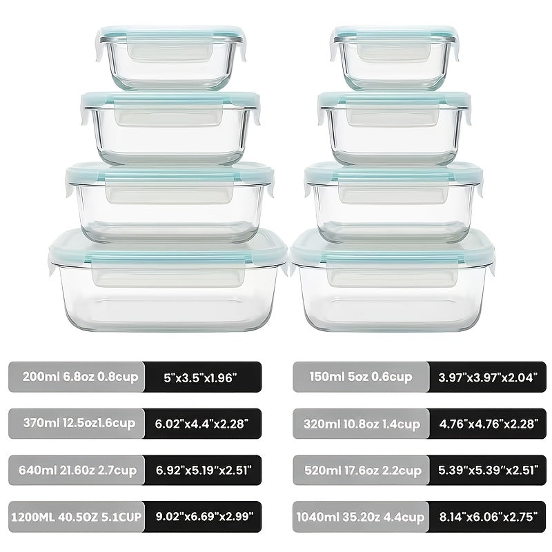 Premium Glass Food Storage Containers, Airtight Leak-Proof BPA Free Stain-Resistant Easy-Clean Design, Microwave Oven Freezer And Dishwasher Safe, 8pcs, for Meal Prep And Bento Boxes