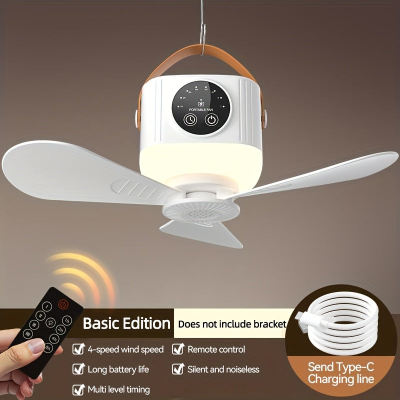 Portable Camping Fan With Light, Available With Or Without Tripod | Quiet USB Rechargeable Fan With Remote, Adjustable Speed & Brightness | Long Life Outdoor Tent Fan For Bedroom, Dorm, Travel