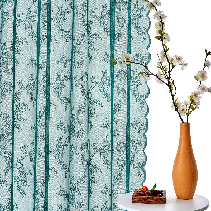 Set of Two White Lace Curtains with Floral Designs, Featuring a Bohemian Style And Semi-Transparent Fabric That Filters Sunlight. Suitable for All Seasons