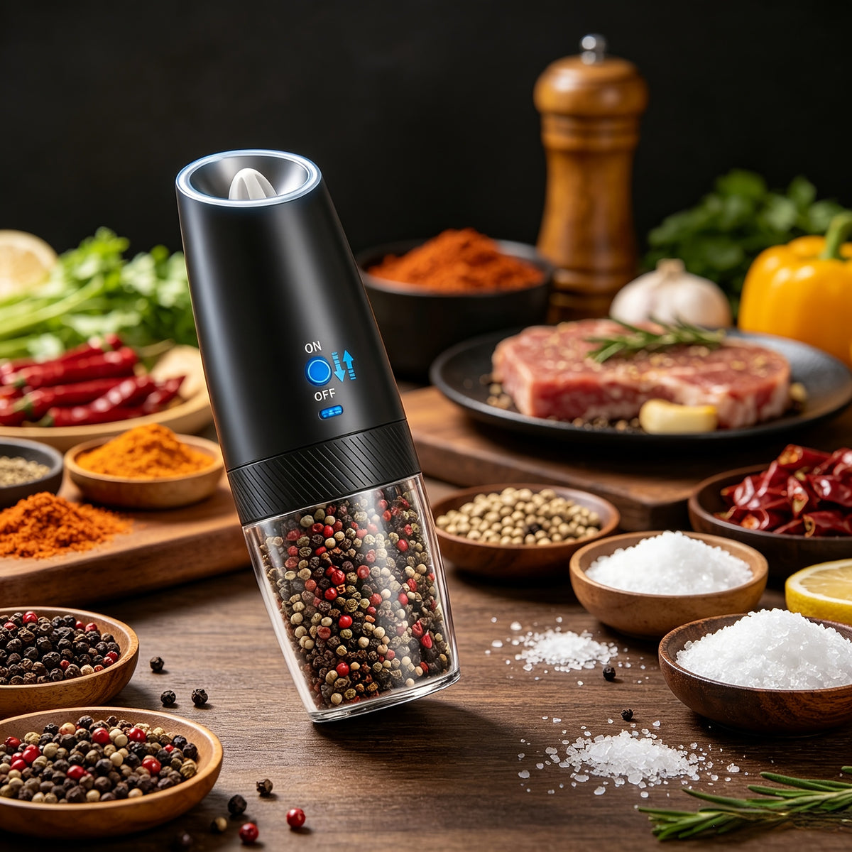 1pc/2pcs Electric Salt and Pepper Grinder Set with LED Lights - Large Capacity, Gravity-Driven Mechanism, Multi-Color Options (Red/)