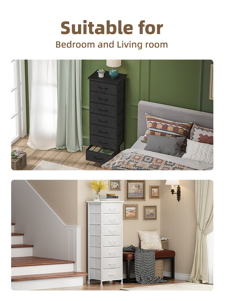Tall Fabric Drawer Dresser, 6 or 7 Drawer Vertical Storage Organizer in Black, Brown, White or Gray for Bedroom Clothes, Closets and Entryways