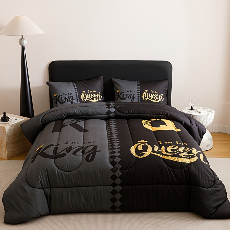 Tog 3 3pcs Super Soft Breathable Black Grey Color Blocking Crown Letter Thickening Quilt Set (1 Comforter +2 Pillowcases Without Pillow Core), Contains Padding 180gsm Quilting Soft Ventilate Digital Printing Bedroom Dormitory At Home