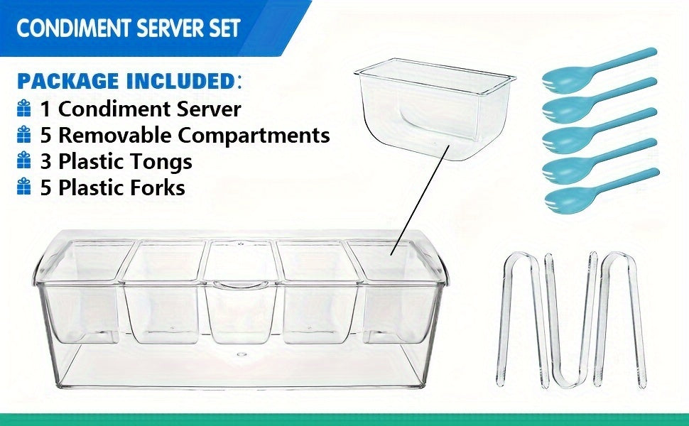 For Bar Serving Tray on Ice with 5 Compartments Container, 5 Forks And 3 Pliers, Fruit Trays for Serving, Garnish Platters with Lid, Cold Seasoning Storage Box for Bar for Parties, Clear