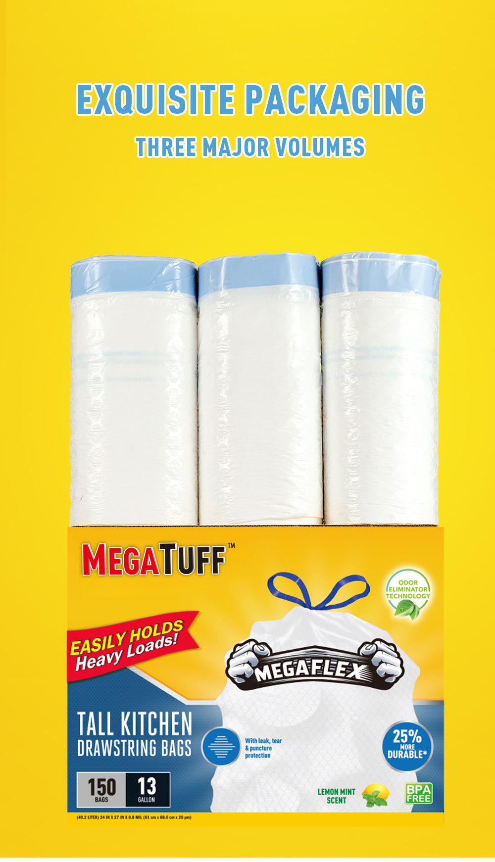 Boxed Disposable Non Tear Garbage Bag 150/78 Pieces 3 Rolls Puncture Tear Resistant Trash Bags, 13 Gallon Capacity, ODOR ELIMINATORTECHNOLOGY Kitchen Drawstring Garbage Bags Fresh Clean Scent With Lemon Mint Scent, 150/78 Count EASY TO USEDRAWSTRINGS MORE