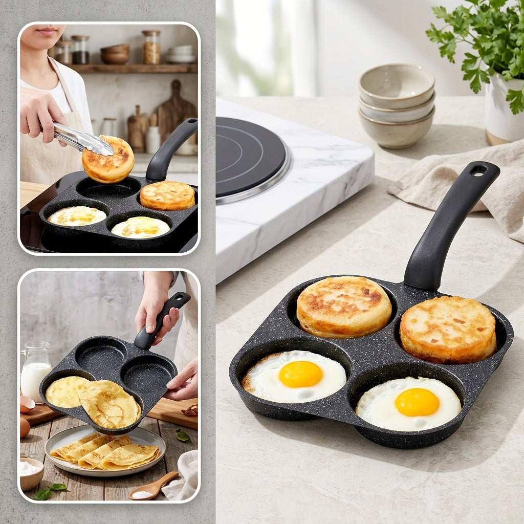 4-In-1 Cast Iron Omelette Pan, Non-Stick Single Handle Frying Pan, Dishwasher Safe, Compatible with Electric Stove, Kitchen Gadgets for Pancakes, Omelettes, Etc