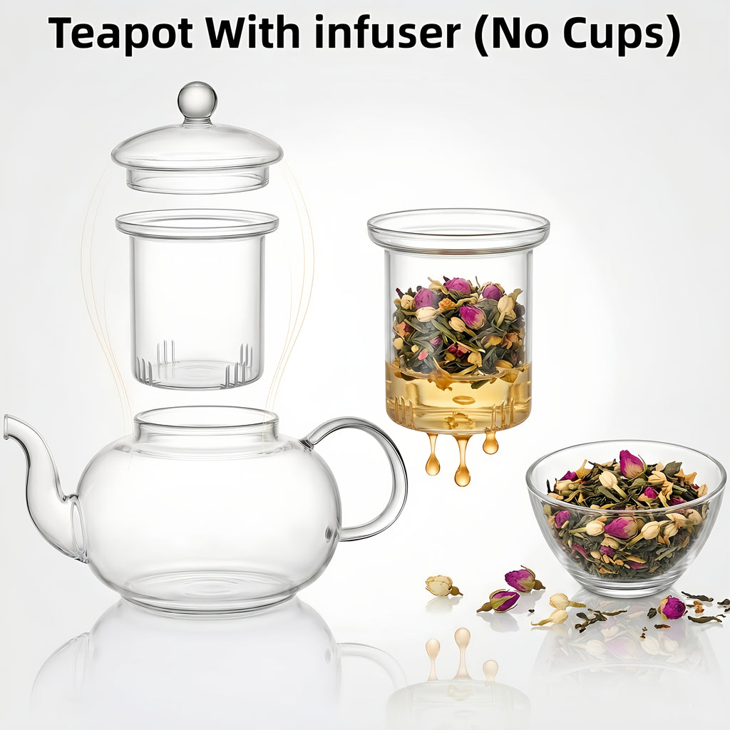1000Ml Glass Teapot with Infuser And 4 Cups, 33.8 Oz (1000 Ml) Glass Teapot with Detachable Infuser for Flowering And Loose Leaf Tea, Microwave And Stovetop Tea Set Gift Box