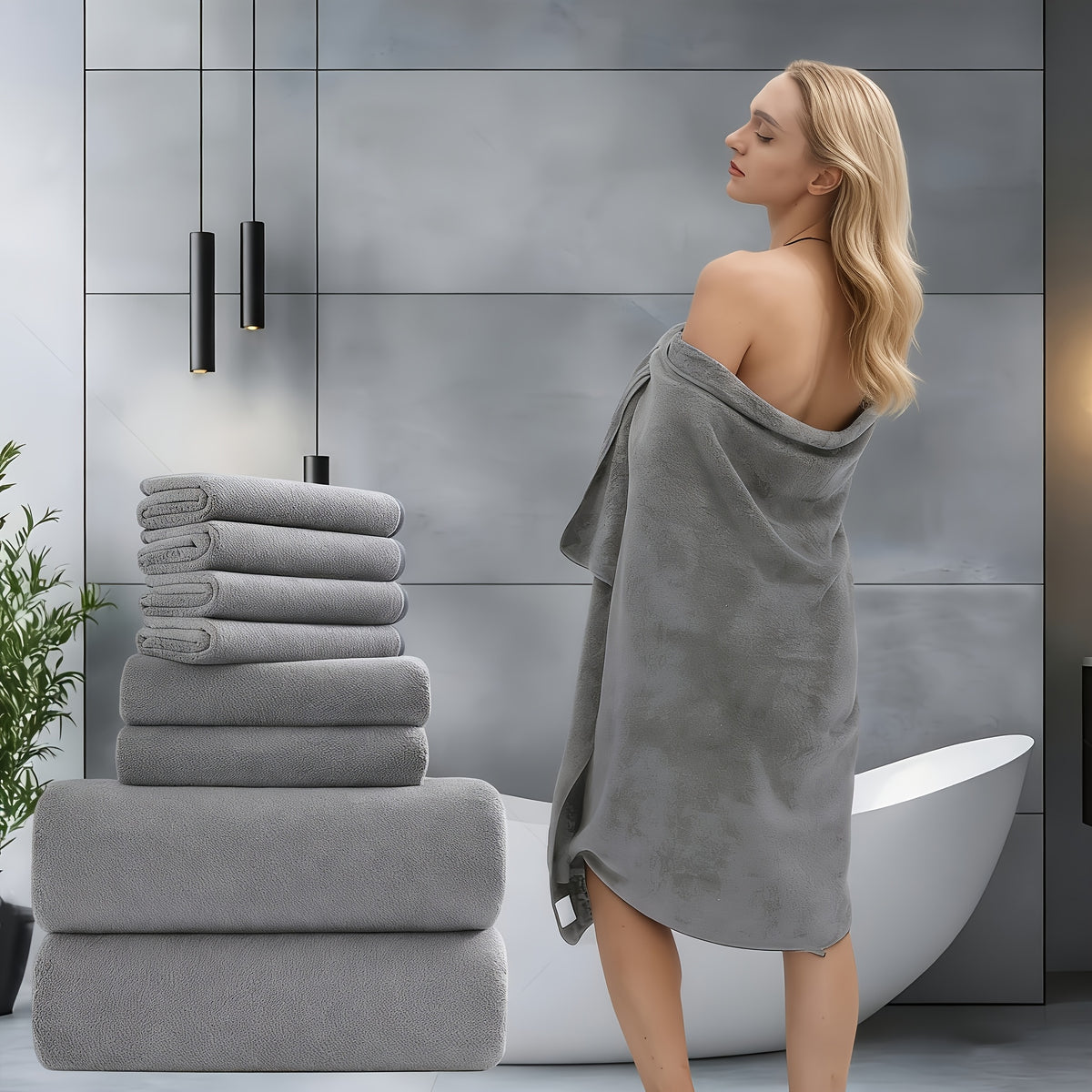 [5pcs Coral Fleece Towels] 5pcs Coral Fleece Bath Towel Set, 4 Soft Absorbent Bath Towels 27" X 55" with Hair Drying Cap, Quick Dry Plush Towels with Hanging Loop for Bathroom, Shower, Home
