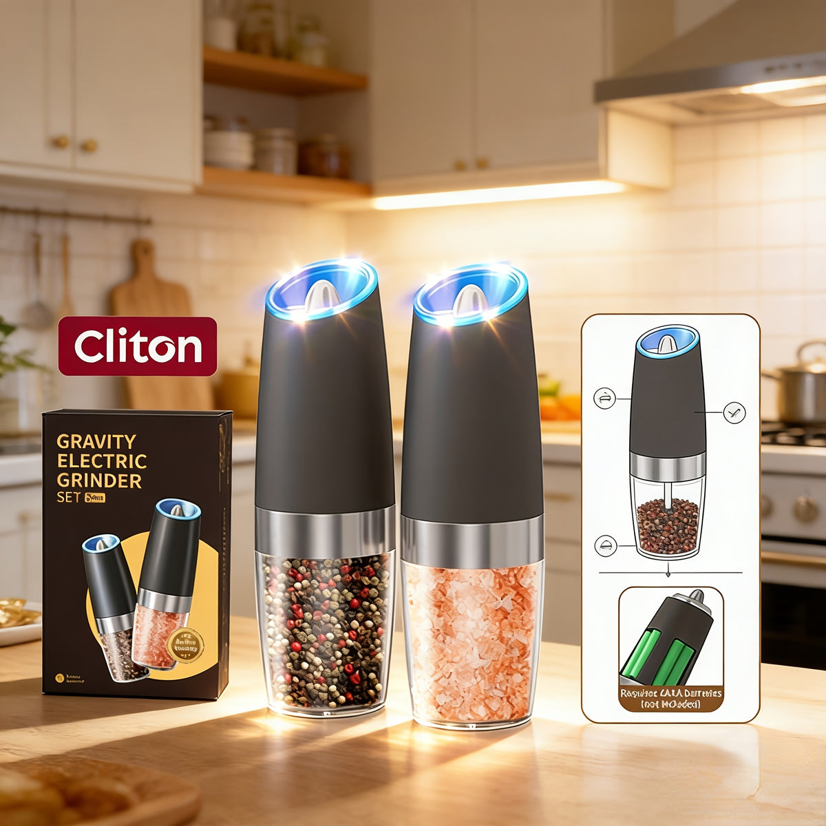 1pc/2pcs Electric Salt and Pepper Grinder Set with LED Lights - Large Capacity, Gravity-Driven Mechanism, Multi-Color Options (Red/)