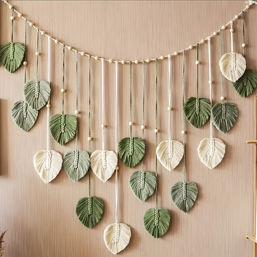 1 Bohemian-style Leaf Feather Wall Hanging - Modern Color-blocked Green, White, and Beige Interwoven Tapestry, Elegant Textured Home Wall Decor, Ideal Mother's Day Gift, the Perfect Bohemian-style Soft Accent Piece