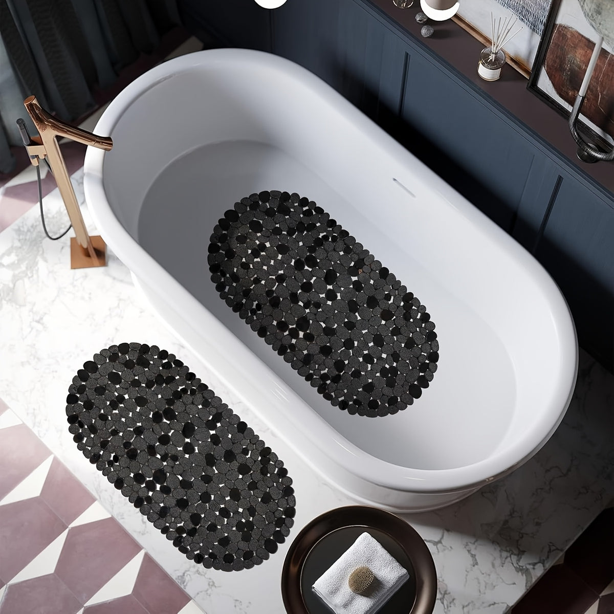 Bathtub Non-Slip Mat 13.8 X 26.8 Inches, Pebble Textured Strong Suction Cup Bath Mat, Double-Sided Anti-Slip Odorless Soft PVC Shower Mat, Small Tub Safety Anti-Fall Mat for Elderly Bathroom Renovation Labor Day Home Upgrade