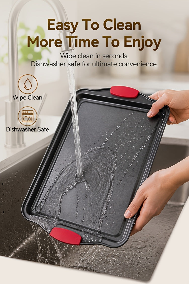 3pcs Nonstick Carbon Steel Oven Baking Pans Set With Detachable Silicone Handles, Premium Non-Stick Steel Bakeware Set, Commercial Grade Restaurant Quality Rimmed Sheets, Easy-Clean Baking Trays For Cookies, Pizza, Cake & Home Kitchen Use