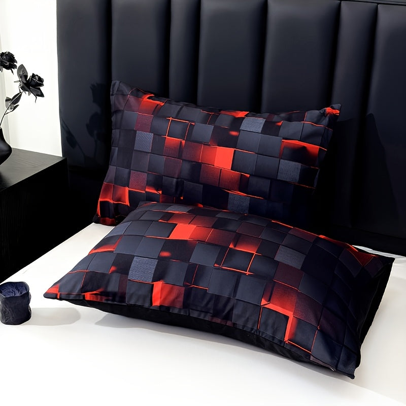 2D Flat Tog 4 3pcs Super Soft Fashion Sense Of Technology Grid Thickening Quilt Set (1 Comforter +2 Pillowcases Without Pillow Core), Contains Padding 180Gsm Quilting Soft Ventilate Digital Printing Bedroom Dormitory At Home Perfect Halloween Gift