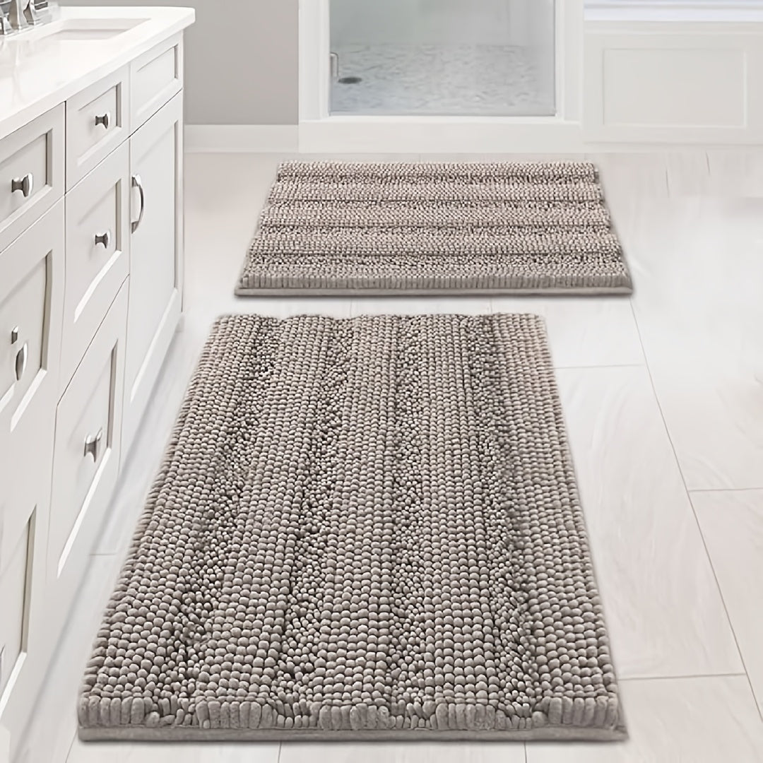 AIERJIA Bathroom Rugs, Set of 2 Thick Chenille Striped Shaggy Bath Mats for The Bathroom, Non-Slip Mats for Bathroom Flooring (32 X 20 And 24 X 17 Inches)