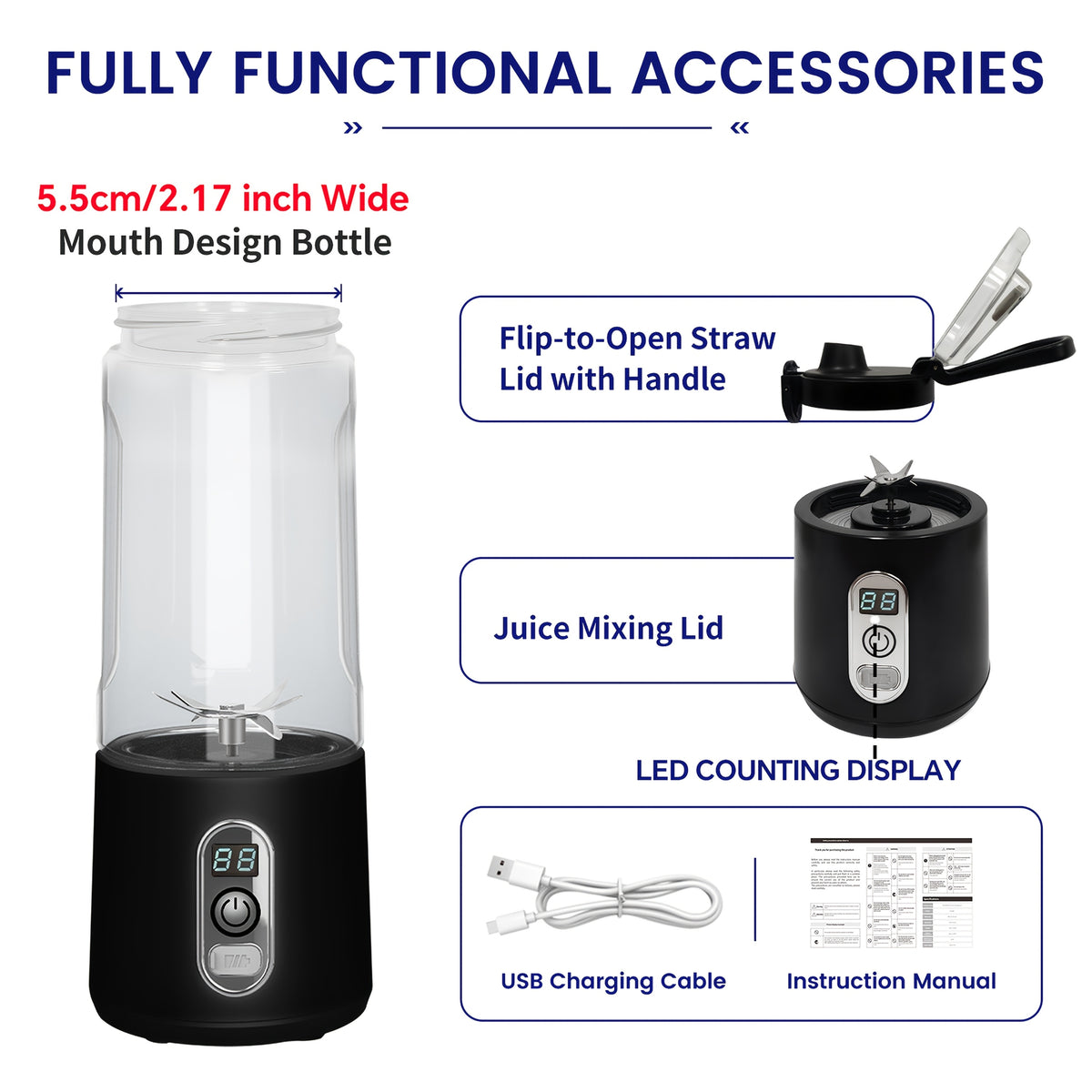 LALAYUAN USB-Powered Juicer & Juicer with Digital Timer, Battery Left Display, High-Speed Ice Crush, USB-C Fast Charge, One-Tap NO-Spill Lid, 6-Blade Stainless Steel - Smoothie Blender Portable, Protein Shakes, Gym, Travel Smoothie Maker