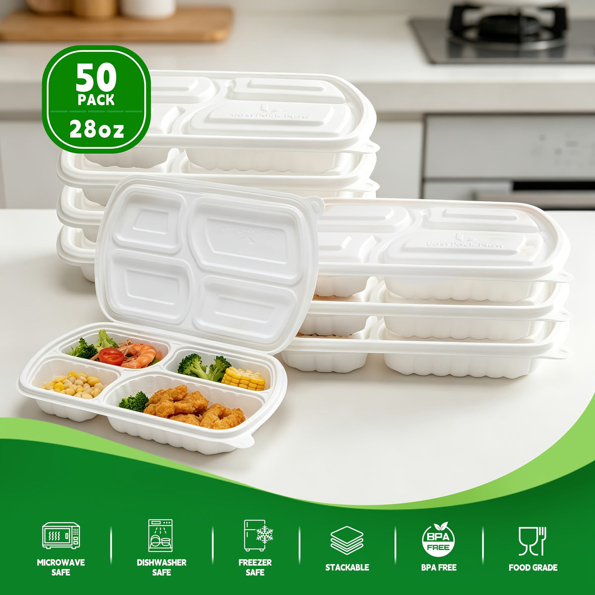 50-Pack 4-Compartment White Clamshell Meal Prep Containers, Disposable Bento Box, Food Storage Container, Bpa-Free, Stackable, Portion Control, Freezer/Microwave Safe, Great for Labor Day, Picnics, Parties & Outdoor Events, Local Warehouse