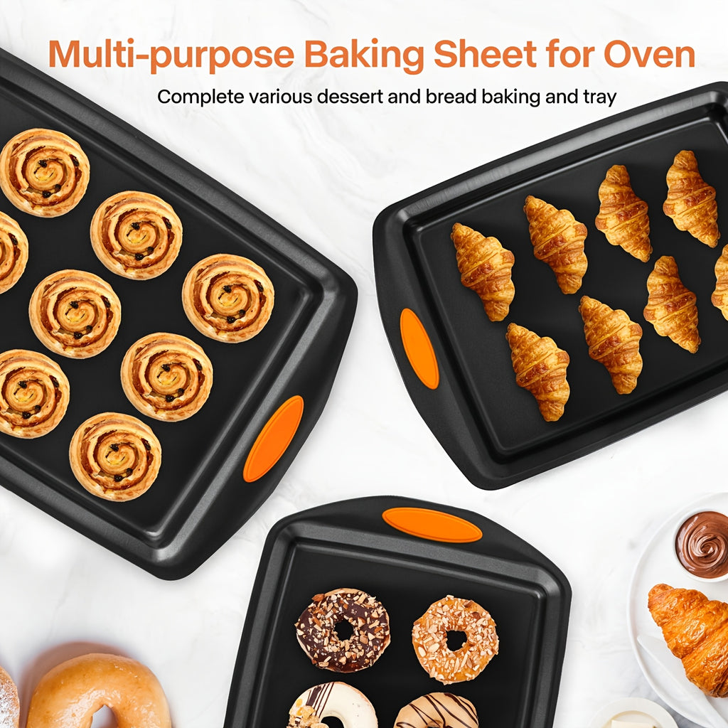 2/3/6/12/23pcs Non-Stick Baking Sheet Set, Assorted Size Cookie Trays with Orange & Blue Silicone Handles, in Gray, Black & Golden, Stackable Bakeware for Baking & Roasting