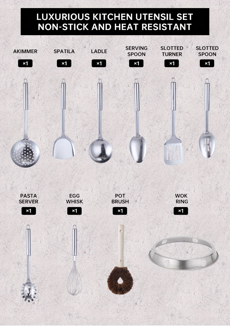 Cast Iron Wok with 11pcs Cookware Accessories, Chinese Wok Pan 12.6 Inch, Stir-fey Pan, Flat Bottom Carbon Stell Wok,, for Induction, Electric, Gas, Halogen, All Stoves, Kitchen Utensils, Kitchen Gadgets, Kitchen Accessories, Home Kitchen Items