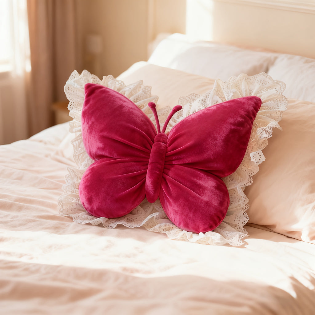 Butterfly-Shaped Decorative Pillow Home Decor Cushion with White Lace Trim Luxurious Velour Fabric And Fill Lumbar Support Cushion for Sofas, Beds, Cars, Offices - Perfect Gift for Women, Housewarming, Christmas, Valentine'S Day Machine Washable