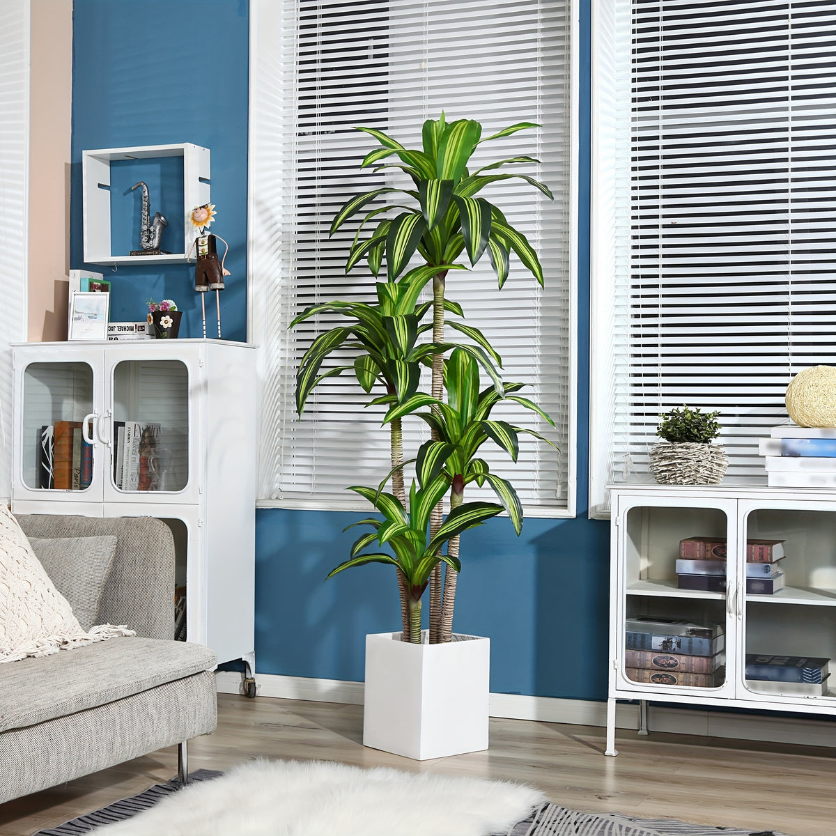 Artificial Dracaena Tree in Pot, 4 5 or 6 Foot Faux Plastic Tropical Floor Plant with Adjustable Branches and Leaves for Living Room and Home Office Decor