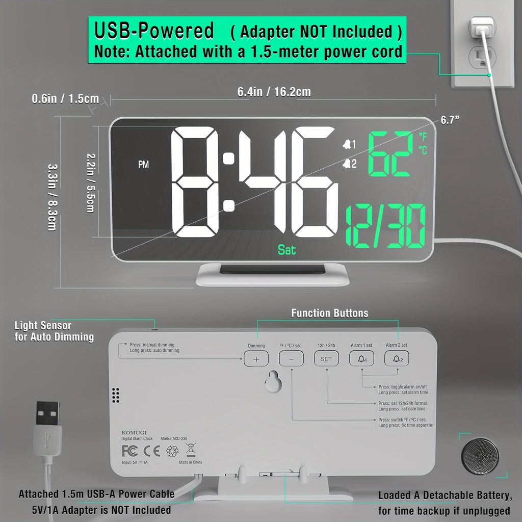 1pc Alarm Clock For Bedroom, 6. 7" Desk Digital Clock, Led Clock, Mirror Clock, Dual Alarm Clock For Living Room With Seconds, Date, Week, 12/24h, Dimming