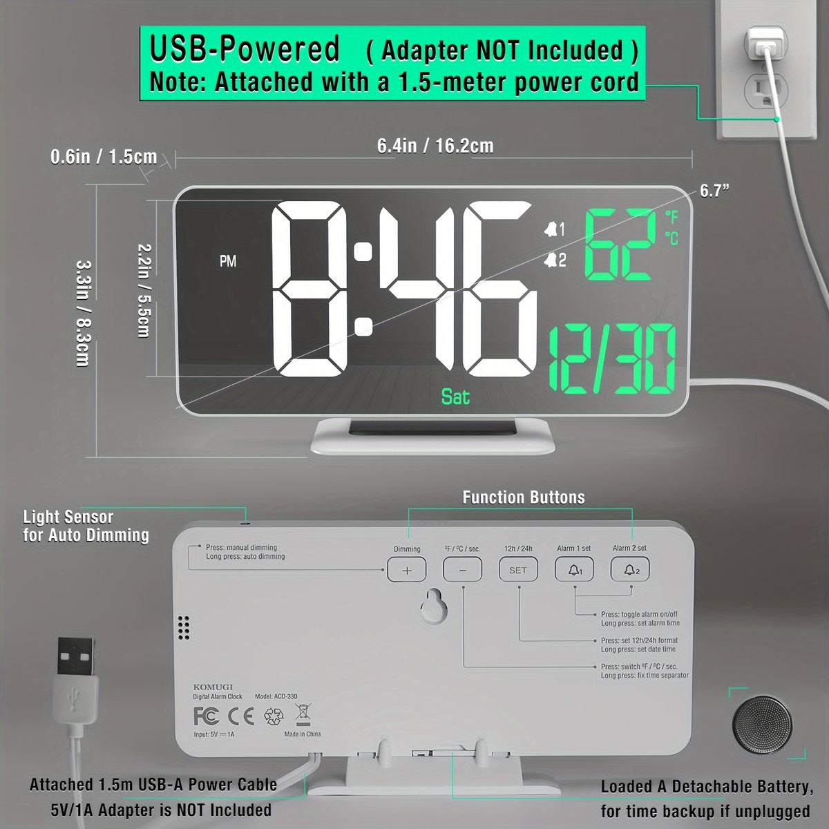 1pc Alarm Clock For Bedroom, 6. 7" Desk Digital Clock, Led Clock, Mirror Clock, Dual Alarm Clock For Living Room With Seconds, Date, Week, 12/24h, Dimming