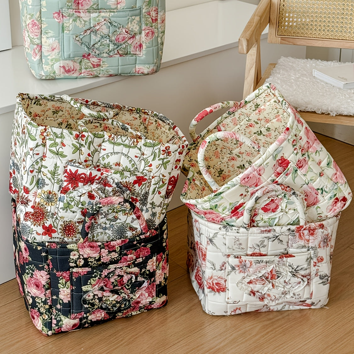 Large Floral Series [Storage Basket] Vintage Quilted Floral Portable Large-Capacity Home Storage Basket Suitable for Various Scenarios, Shelf Baskets