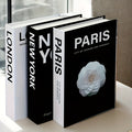 City Theme Decorative Faux Books, Set of 3 Black and White Paper Book Accents with Paris London and New York Spines for Coffee Tables and Shelves