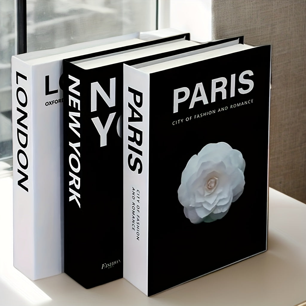3pcs Set Modern Faux Books - Elegant Minimalist Fake Books with Parisian & New York City Themes, & Spine Design, Paper Material Decorative Bookends for Living Room, Bedroom, Coffee Table - Versatile Indoor/Outdoor Home Decor, No Power Needed