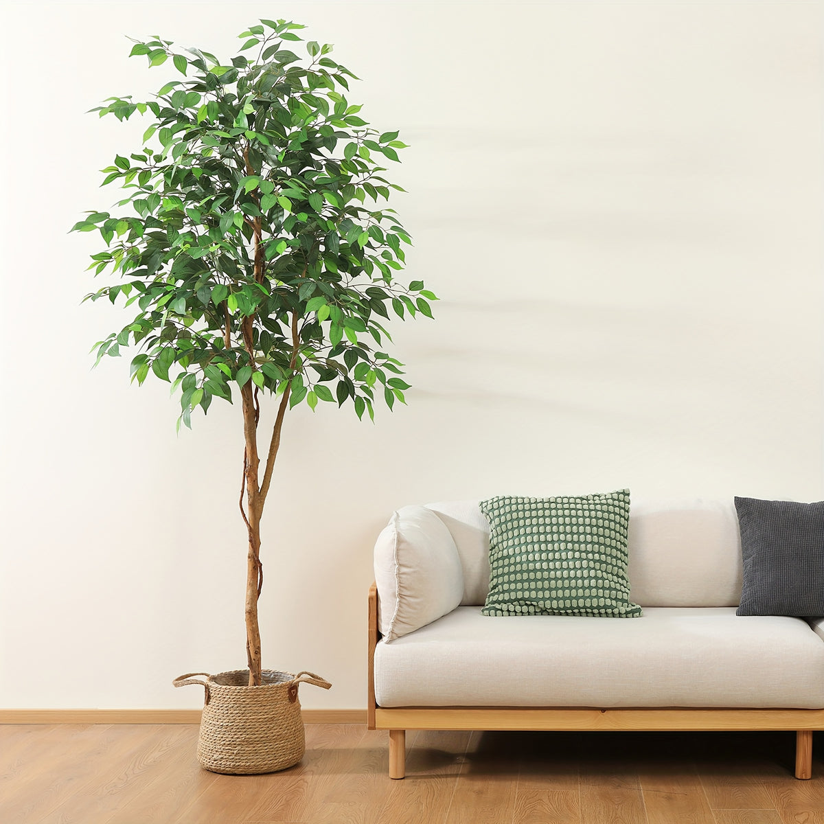 Tall Artificial Ficus Tree - Fake Greenery Potted Plant with Natural Wood Trunk And Lifelike Leaves-Elegant Indoor Outdoor Living Room Home Decor