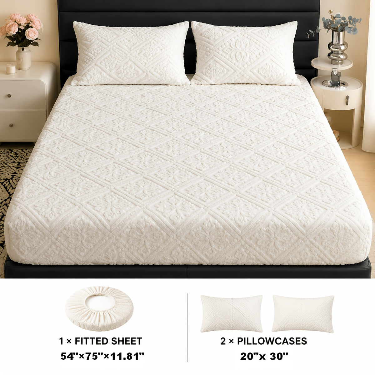 Embossed Fitted Sheet with Optional Pillowcases, Soft Deep Pocket Machine Washable Bedding in White, Gray, Khaki, Blue and Green for Twin Full Queen King