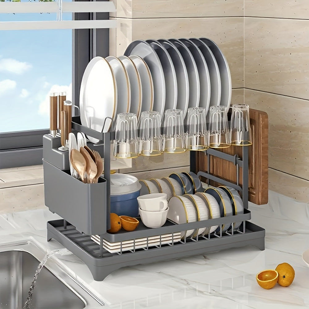 2 Tier Dish Drying Rack for Kitchen Counter, Dish Drainers for Kitchen Counter with Drainboard, Metal Kitchen Dish Rack with Drain, Kitchen Drying Rack Two Tier, Black Dish Racks